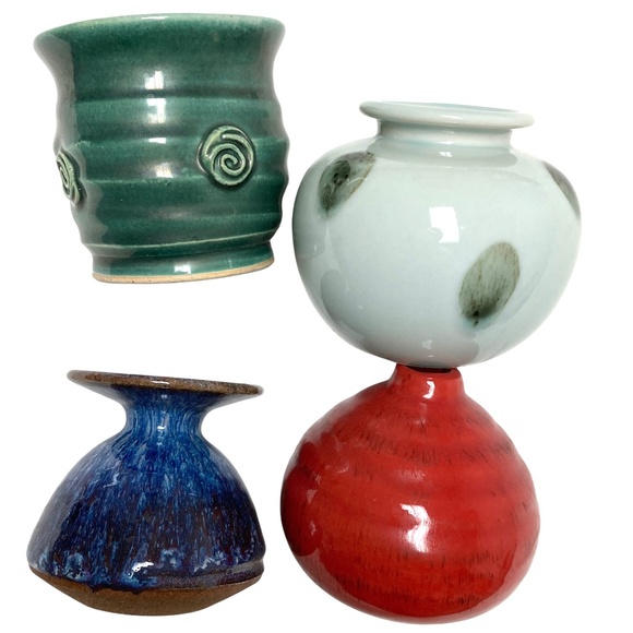 vases jars 4 small bud handmade red blue green ceramic 4" - Picture 1 of 16